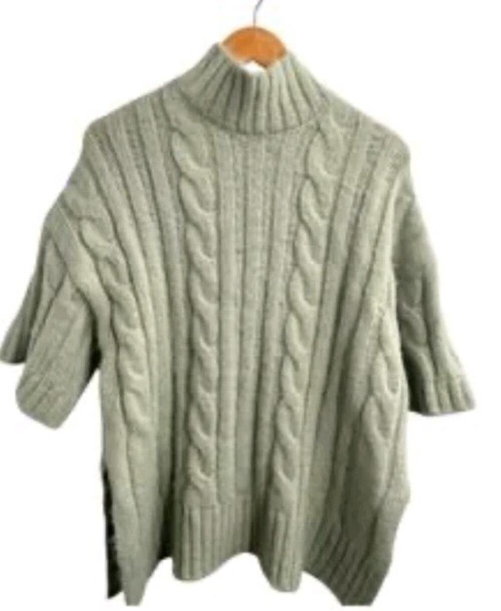 ZARA Green Cable Knit High Neck Sweater Women's M Wool Blend Oversized Pullover